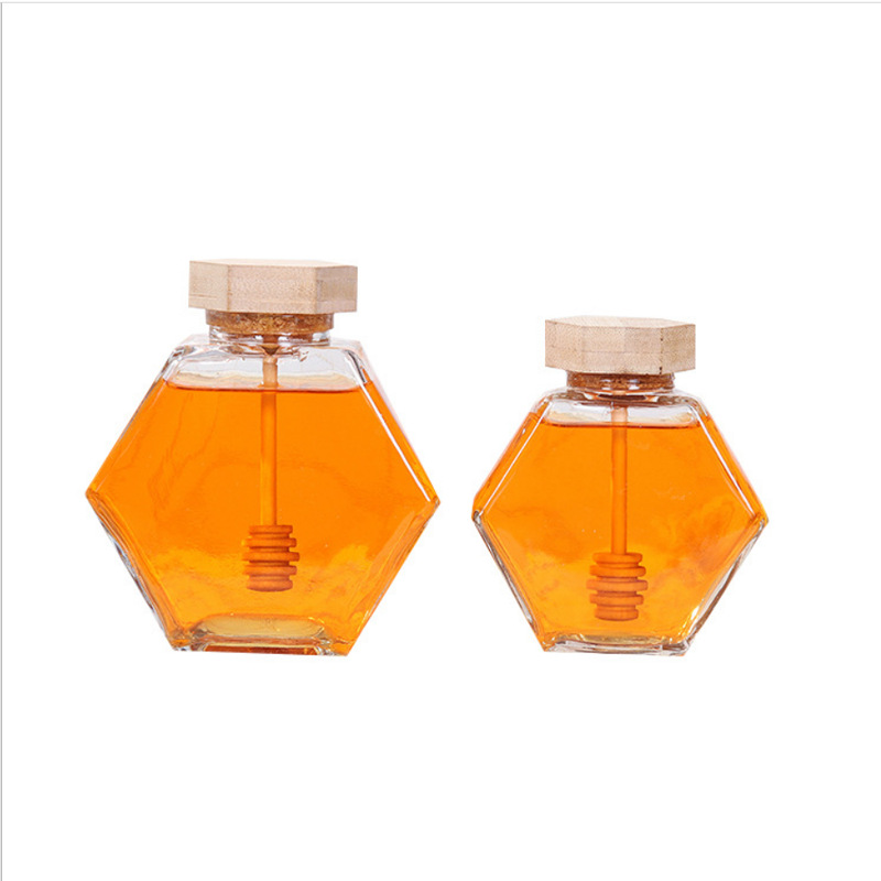 220ML 380ML Hexagonal Honey Jar With Wooden Lid And Honey Dipper Manufacturer