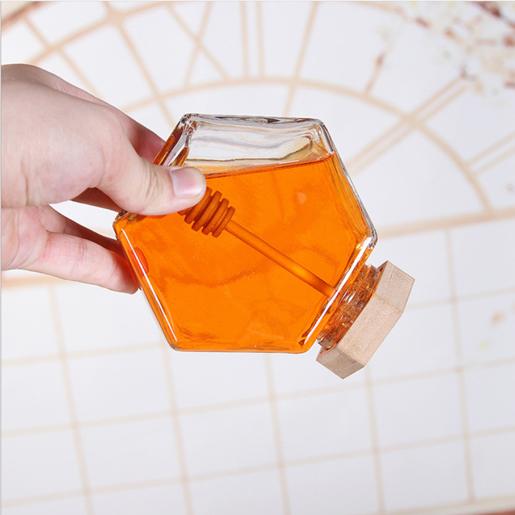 220ML 380ML Hexagonal Honey Jar With Wooden Lid And Honey Dipper Manufacturer