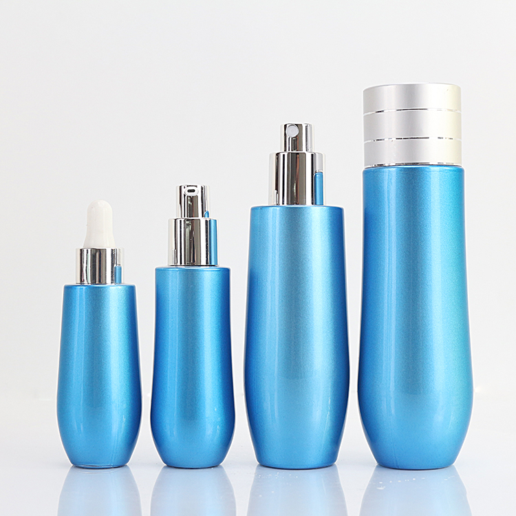 30ml 100ml Blue Empty Glass Skincare Packaging Pump Bottle Custom
