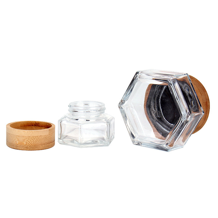 clear hexagonal face cream jar with bamboo lid 30g glass cream jar manufacturer