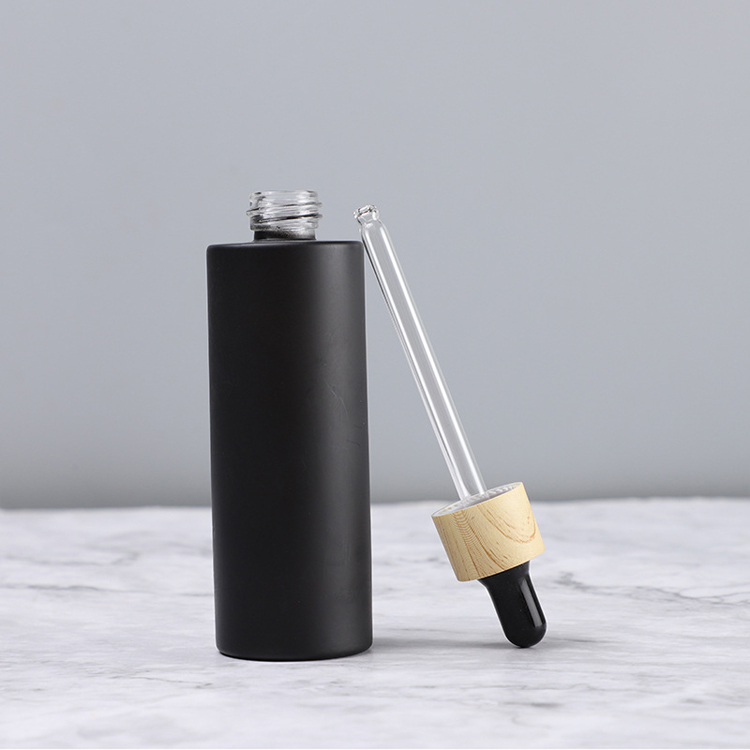 Black Flat Shoulder Dropper Bottle With Bamboo Lid Glass Hair Oil Bottle Custom