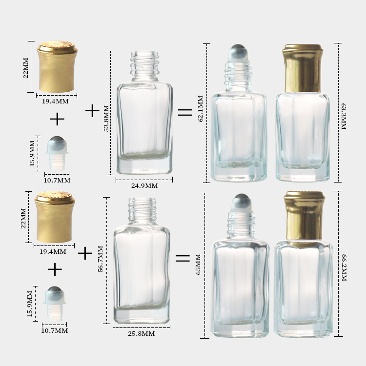 Clear Octagonal 6ml Roller Bottles 2ml 10ml 12ml Essential Oil Perfume Sample