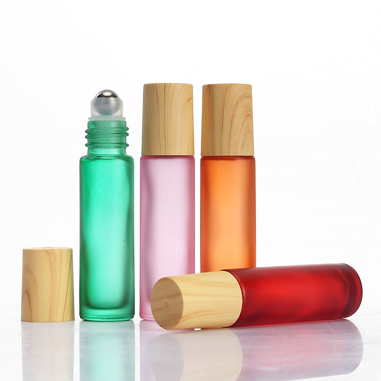 Colored Frosted 10ml Roll On Bottle With Bamboo Lid Glass Roller Bottles