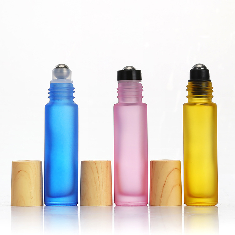 Colored Frosted 10ml Roll On Bottle With Bamboo Lid Glass Roller Bottles