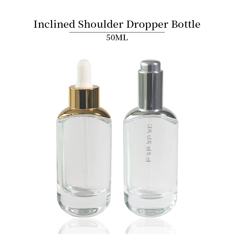50ml Clear Glass Dropper Bottles Wholesale, Oblique Shoulder Gold Dropper Bottle
